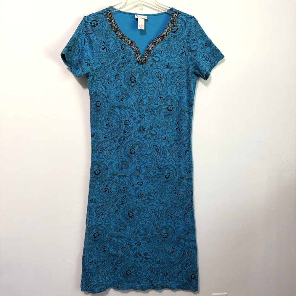 Go Softly Patio House Mumu Dress S Paisley Beaded Short Sleeve Teal Blue Lounge